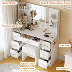 Coiffeuse avec miroir et chaise, support pour sèche-cheveux, 7 tiroirs, 3 modes d'éclairage réglables