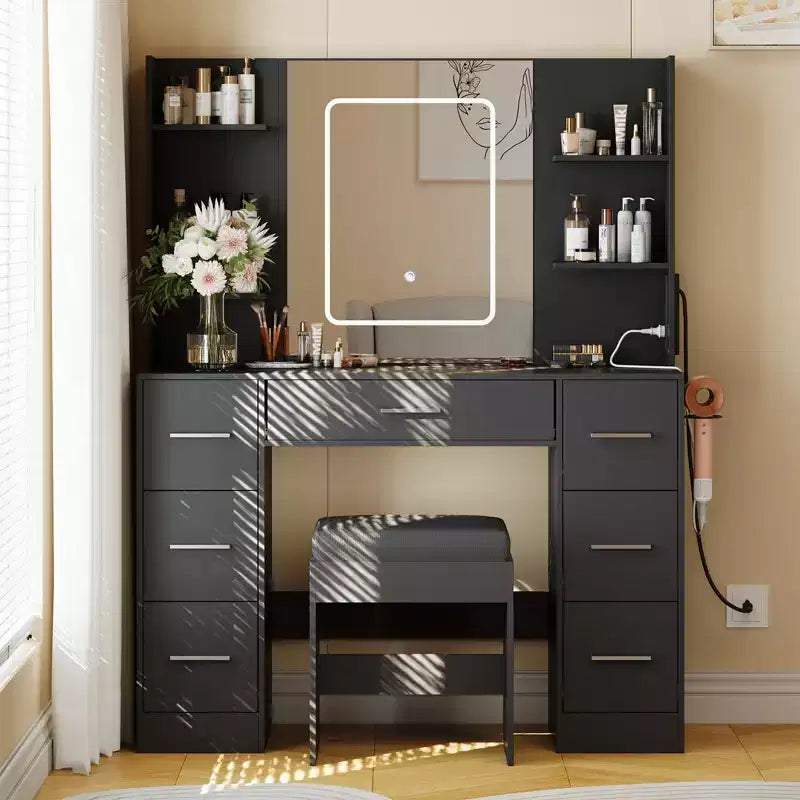 Coiffeuse avec miroir et chaise, support pour sèche-cheveux, 7 tiroirs, 3 modes d'éclairage réglables