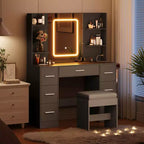 Coiffeuse avec miroir et chaise, support pour sèche-cheveux, 7 tiroirs, 3 modes d'éclairage réglables
