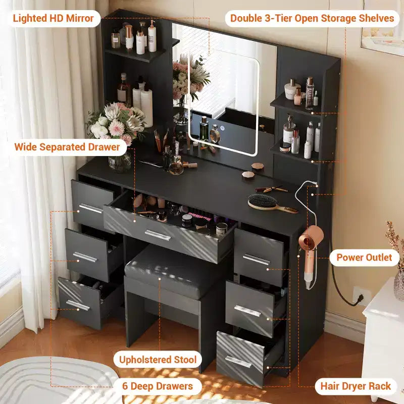Coiffeuse avec miroir et chaise, support pour sèche-cheveux, 7 tiroirs, 3 modes d'éclairage réglables