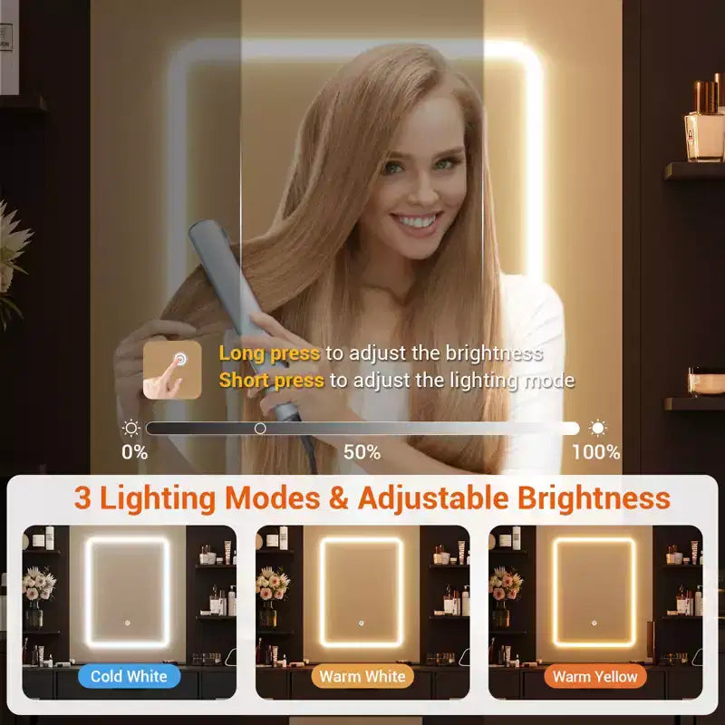 Coiffeuse avec miroir et chaise, support pour sèche-cheveux, 7 tiroirs, 3 modes d'éclairage réglables