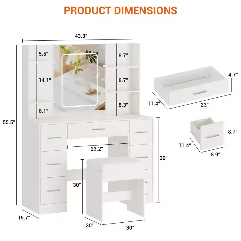 Coiffeuse avec miroir et chaise, support pour sèche-cheveux, 7 tiroirs, 3 modes d'éclairage réglables