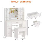 Coiffeuse avec miroir et chaise, support pour sèche-cheveux, 7 tiroirs, 3 modes d'éclairage réglables