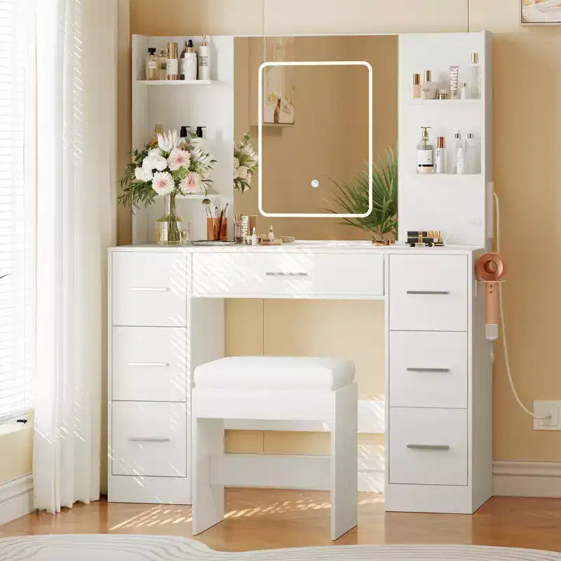 Coiffeuse avec miroir et chaise, support pour sèche-cheveux, 7 tiroirs, 3 modes d'éclairage réglables