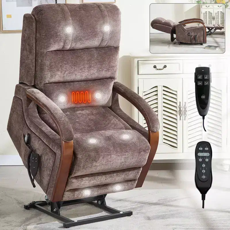 Fauteuil élévateur-inclineur Power Chenille à deux moteurs et position infinie avec accoudoirs en bois massif, massage chauffant et mécanisme de mouvement robuste