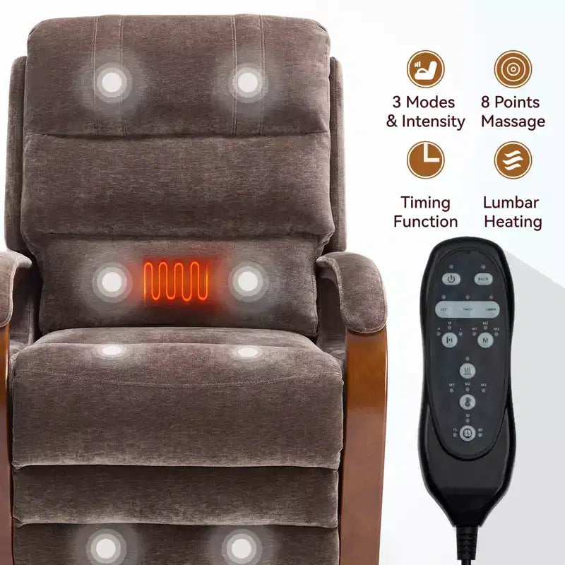 Fauteuil élévateur-inclineur Power Chenille à deux moteurs et position infinie avec accoudoirs en bois massif, massage chauffant et mécanisme de mouvement robuste
