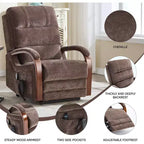 Fauteuil élévateur-inclineur Power Chenille à deux moteurs et position infinie avec accoudoirs en bois massif, massage chauffant et mécanisme de mouvement robuste