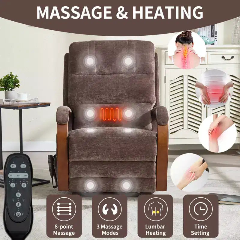 Fauteuil élévateur-inclineur Power Chenille à deux moteurs et position infinie avec accoudoirs en bois massif, massage chauffant et mécanisme de mouvement robuste