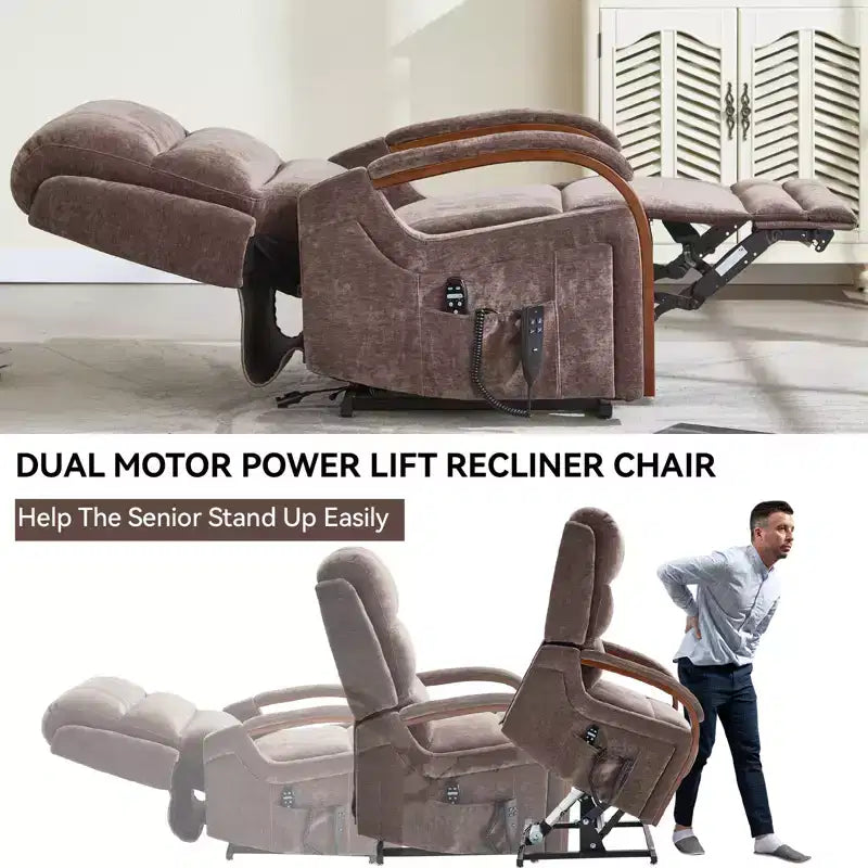 Fauteuil élévateur-inclineur Power Chenille à deux moteurs et position infinie avec accoudoirs en bois massif, massage chauffant et mécanisme de mouvement robuste
