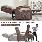 Fauteuil élévateur-inclineur Power Chenille à deux moteurs et position infinie avec accoudoirs en bois massif, massage chauffant et mécanisme de mouvement robuste