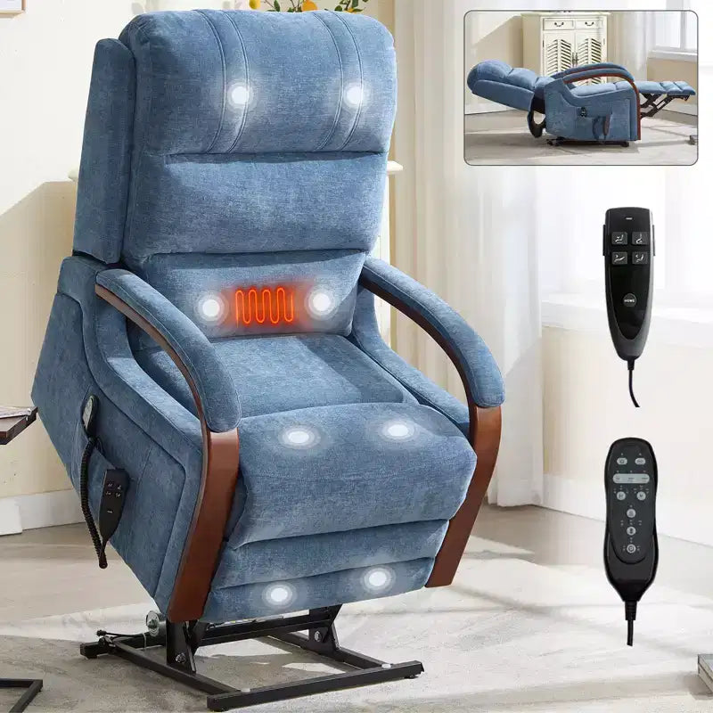 Fauteuil élévateur-inclineur Power Chenille à deux moteurs et position infinie avec accoudoirs en bois massif, massage chauffant et mécanisme de mouvement robuste