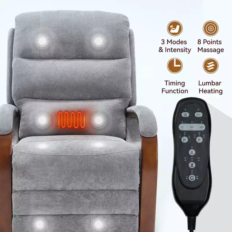 Fauteuil élévateur-inclineur Power Chenille à deux moteurs et position infinie avec accoudoirs en bois massif, massage chauffant et mécanisme de mouvement robuste