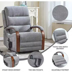 Fauteuil élévateur-inclineur Power Chenille à deux moteurs et position infinie avec accoudoirs en bois massif, massage chauffant et mécanisme de mouvement robuste