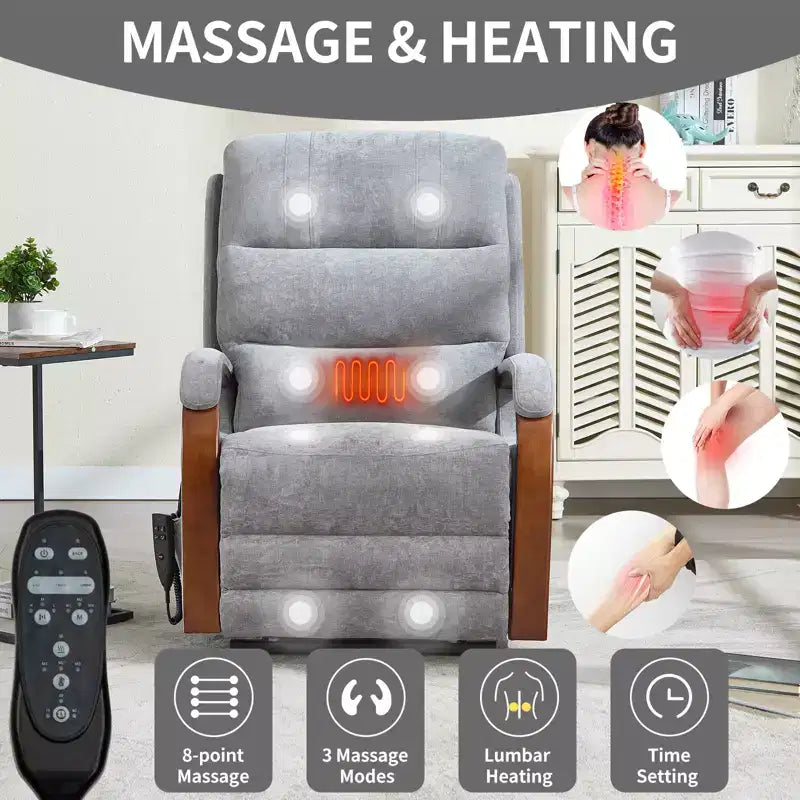 Fauteuil élévateur-inclineur Power Chenille à deux moteurs et position infinie avec accoudoirs en bois massif, massage chauffant et mécanisme de mouvement robuste
