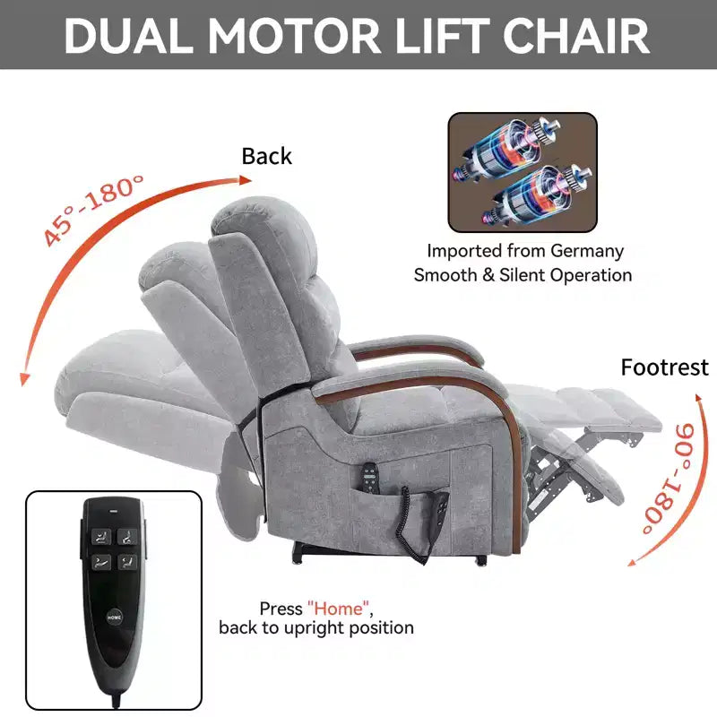 Fauteuil élévateur-inclineur Power Chenille à deux moteurs et position infinie avec accoudoirs en bois massif, massage chauffant et mécanisme de mouvement robuste