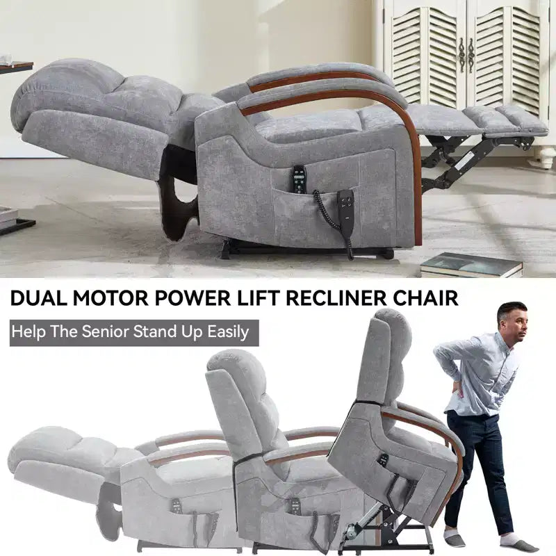 Fauteuil élévateur-inclineur Power Chenille à deux moteurs et position infinie avec accoudoirs en bois massif, massage chauffant et mécanisme de mouvement robuste
