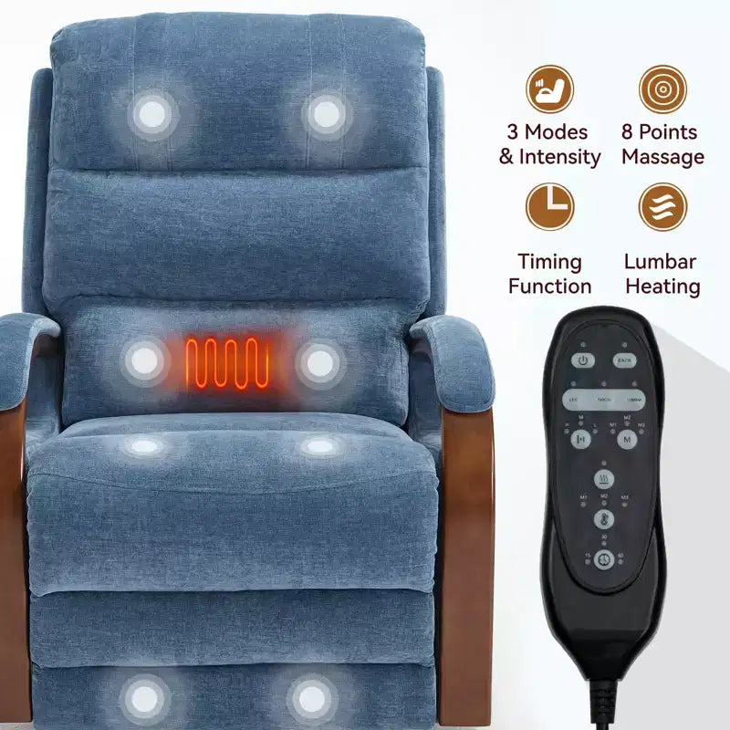 Fauteuil élévateur-inclineur Power Chenille à deux moteurs et position infinie avec accoudoirs en bois massif, massage chauffant et mécanisme de mouvement robuste