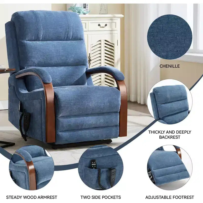 Fauteuil élévateur-inclineur Power Chenille à deux moteurs et position infinie avec accoudoirs en bois massif, massage chauffant et mécanisme de mouvement robuste