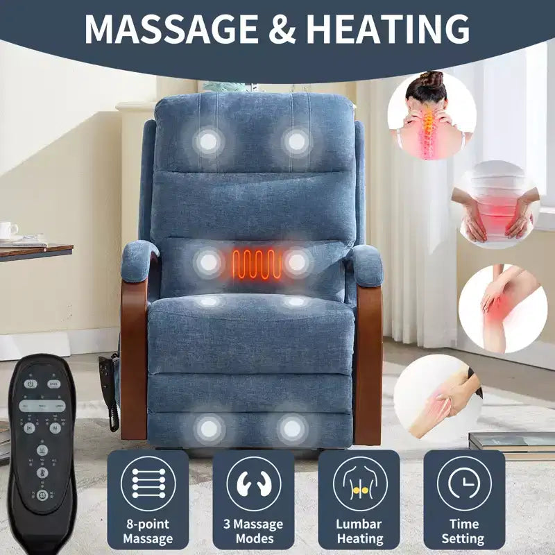 Fauteuil élévateur-inclineur Power Chenille à deux moteurs et position infinie avec accoudoirs en bois massif, massage chauffant et mécanisme de mouvement robuste