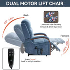 Fauteuil élévateur-inclineur Power Chenille à deux moteurs et position infinie avec accoudoirs en bois massif, massage chauffant et mécanisme de mouvement robuste
