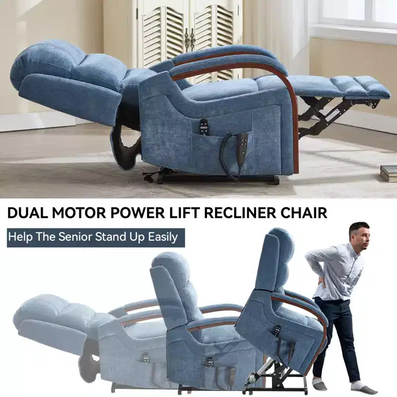 Fauteuil élévateur-inclineur Power Chenille à deux moteurs et position infinie avec accoudoirs en bois massif, massage chauffant et mécanisme de mouvement robuste