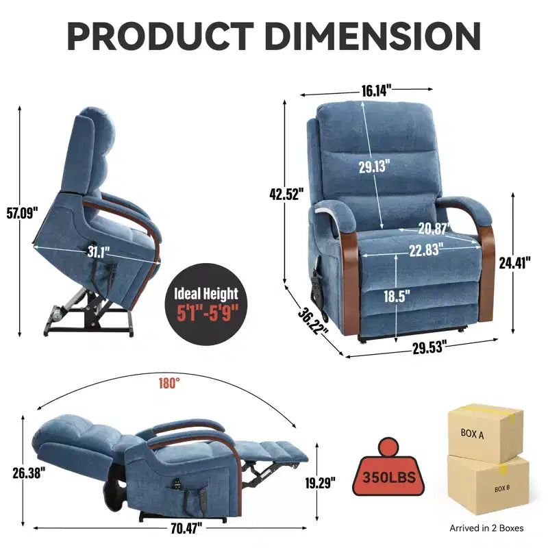 Fauteuil élévateur-inclineur Power Chenille à deux moteurs et position infinie avec accoudoirs en bois massif, massage chauffant et mécanisme de mouvement robuste