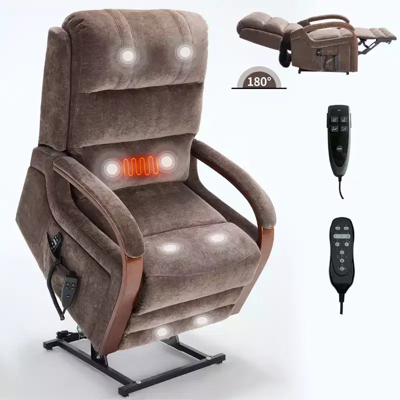 Fauteuil élévateur-inclineur Power Chenille à deux moteurs et position infinie avec accoudoirs en bois massif, massage chauffant et mécanisme de mouvement robuste