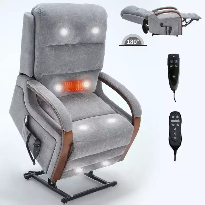 Fauteuil élévateur-inclineur Power Chenille à deux moteurs et position infinie avec accoudoirs en bois massif, massage chauffant et mécanisme de mouvement robuste