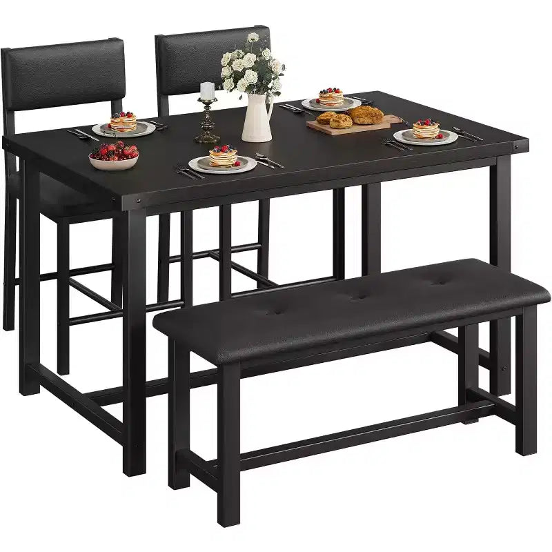 CuisinSmart Dining Table Set for 4, Kitchen Table and 2 Upholstered Chairs with Bench, Wooden Rectangular Dining Room Set