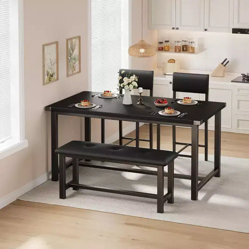 Table de salle à manger pour 4, table de cuisine et 2 chaises rembourrées avec banc, salle à manger rectangulaire en bois