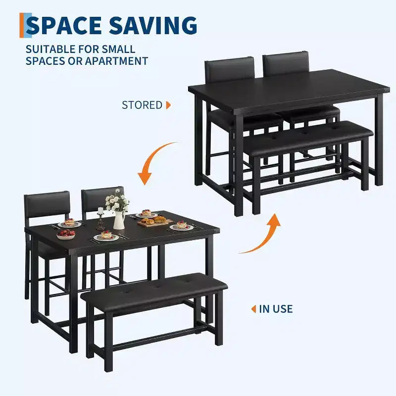 Table de salle à manger pour 4, table de cuisine et 2 chaises rembourrées avec banc, salle à manger rectangulaire en bois