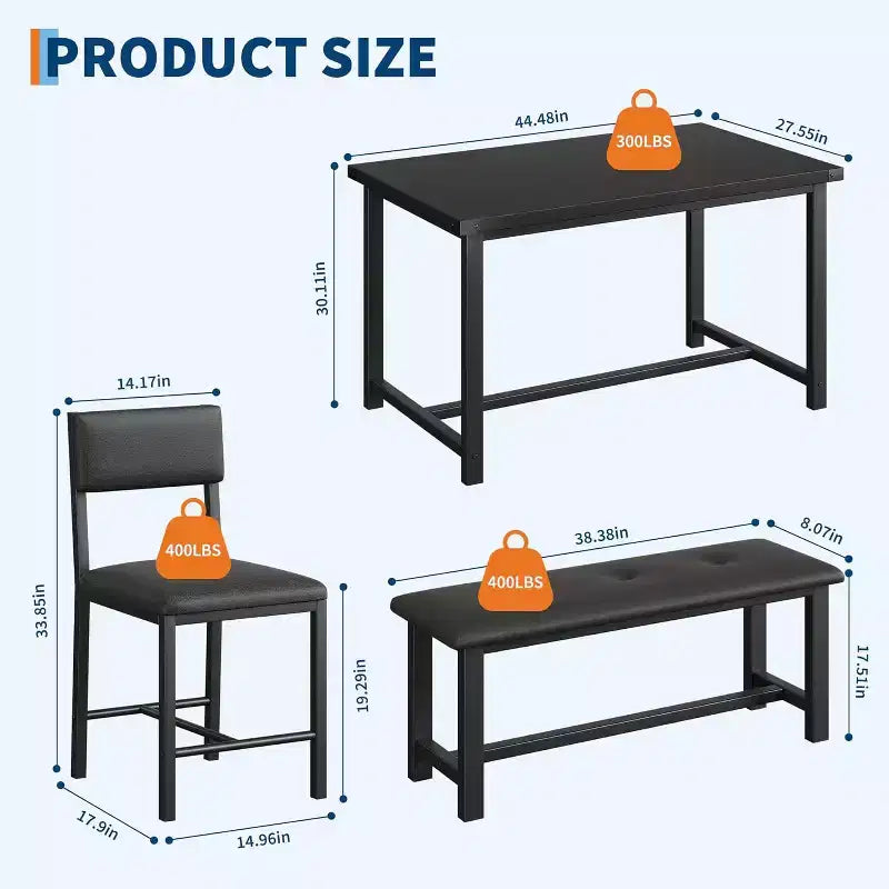 Table de salle à manger pour 4, table de cuisine et 2 chaises rembourrées avec banc, salle à manger rectangulaire en bois