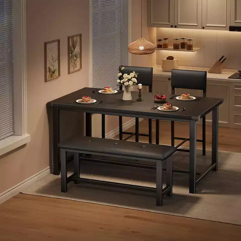 Table de salle à manger pour 4, table de cuisine et 2 chaises rembourrées avec banc, salle à manger rectangulaire en bois