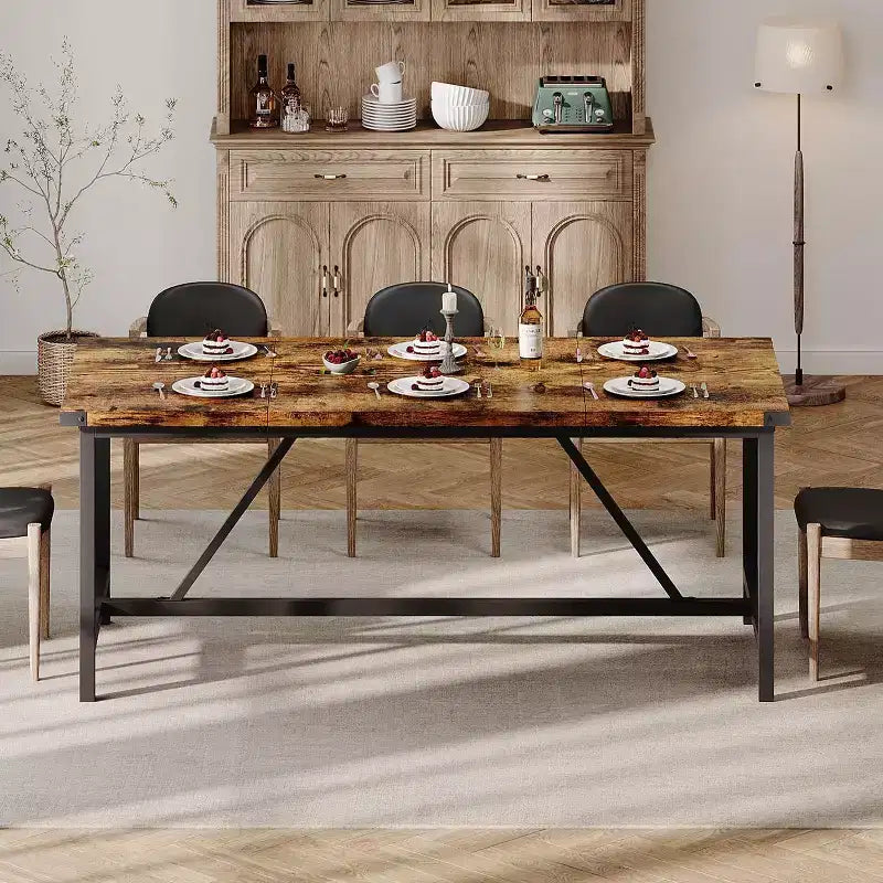 Table à manger pour 8 personnes, table de cuisine rectangulaire de 180 cm, grande table de salle à manger industrielle, pour grande famille