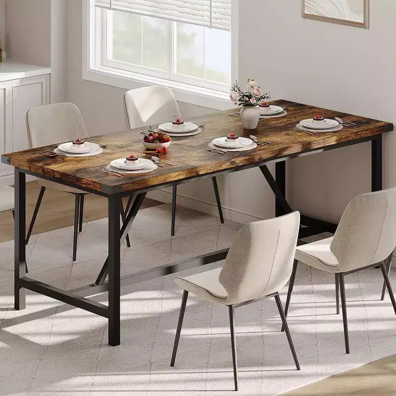 Table à manger pour 8 personnes, table de cuisine rectangulaire de 180 cm, grande table de salle à manger industrielle, pour grande famille