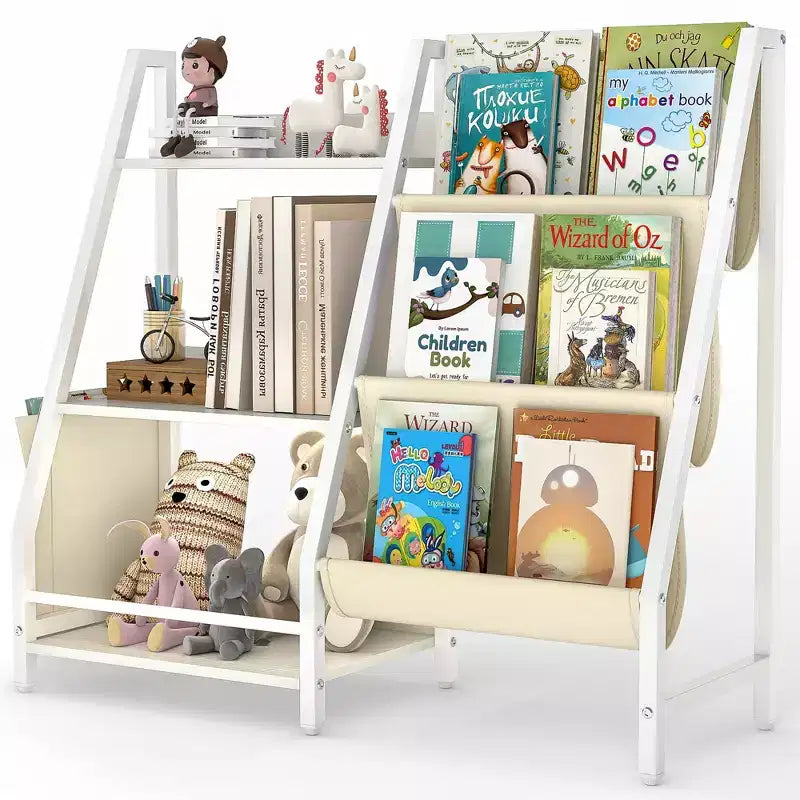SUGIFT Kids Bookshelf and Toy Organizer, 3-Tier Wooden Book Rack with Sling Fabric Storage, Toddler Reading Shelf for Playroom