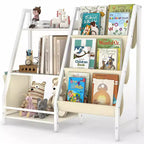 SUGIFT Kids Bookshelf and Toy Organizer, 3-Tier Wooden Book Rack with Sling Fabric Storage, Toddler Reading Shelf for Playroom