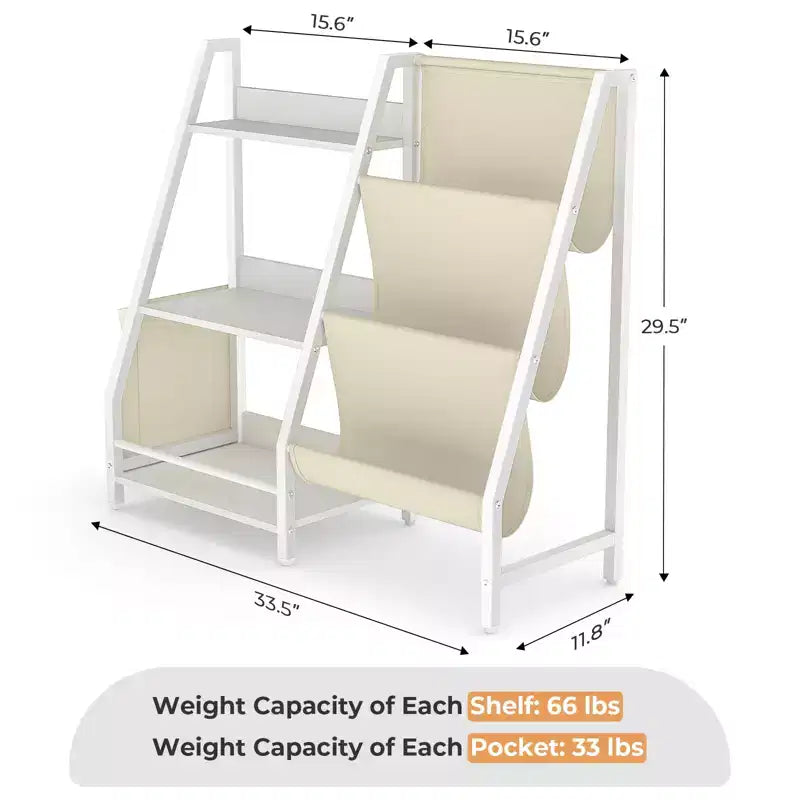 Étagère à livres et organiseur de jouets pour enfants, bibliothèque en bois à 3 niveaux avec rangement en tissu, étagère de lecture pour tout-petits pour salle de jeux