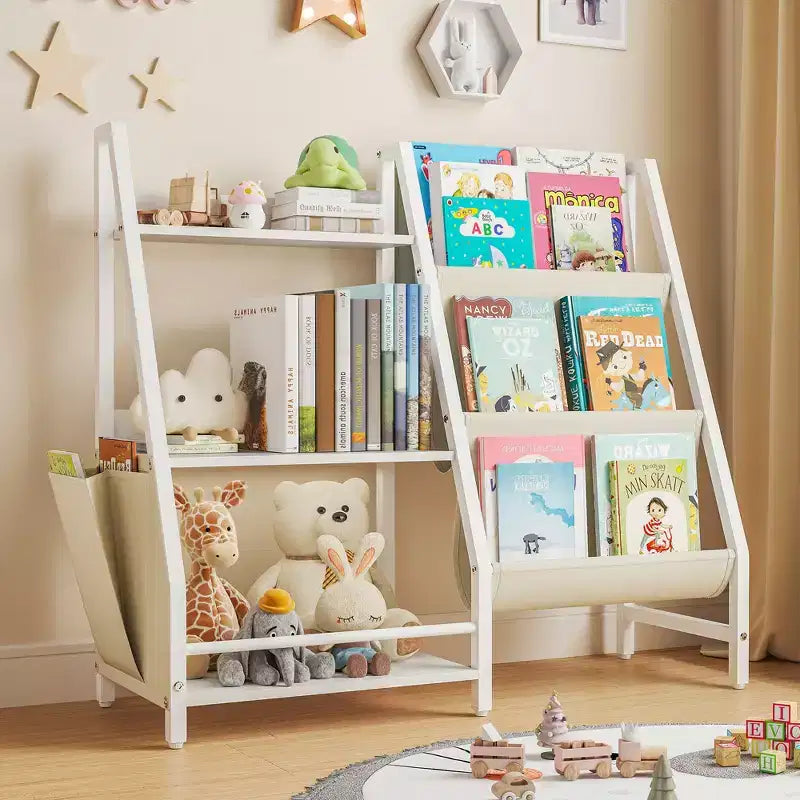 Étagère à livres et organiseur de jouets pour enfants, bibliothèque en bois à 3 niveaux avec rangement en tissu, étagère de lecture pour tout-petits pour salle de jeux