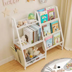 Étagère à livres et organiseur de jouets pour enfants, bibliothèque en bois à 3 niveaux avec rangement en tissu, étagère de lecture pour tout-petits pour salle de jeux