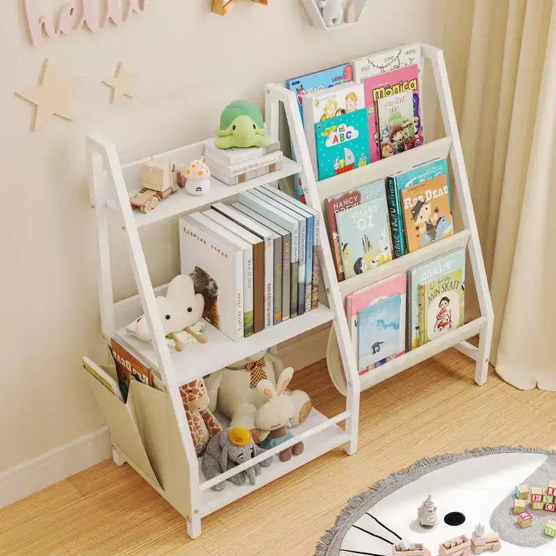 Étagère à livres et organiseur de jouets pour enfants, bibliothèque en bois à 3 niveaux avec rangement en tissu, étagère de lecture pour tout-petits pour salle de jeux