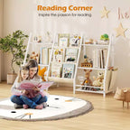 Étagère à livres et organiseur de jouets pour enfants, bibliothèque en bois à 3 niveaux avec rangement en tissu, étagère de lecture pour tout-petits pour salle de jeux