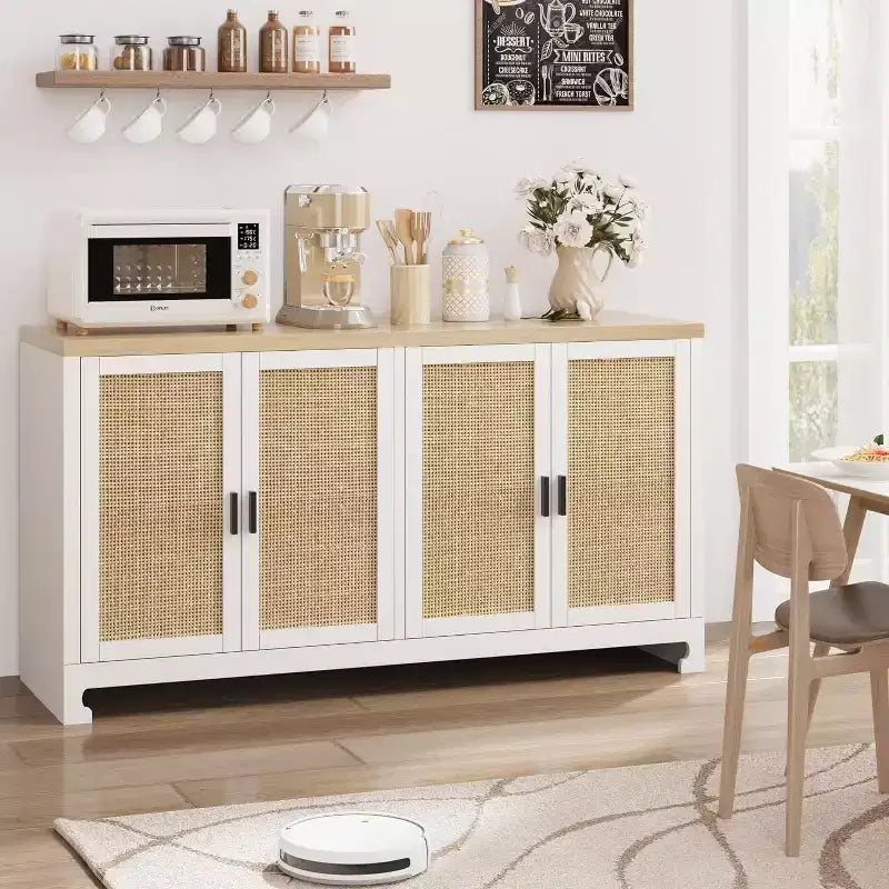 Buffet de rangement 4 portes en rotin tissé, avec étagère, Console de bar à café pour cuisine, salle à manger et salon, 91 cm de hauteur
