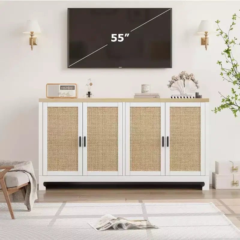 Buffet de rangement 4 portes en rotin tissé, avec étagère, Console de bar à café pour cuisine, salle à manger et salon, 91 cm de hauteur