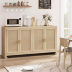 Buffet de rangement 4 portes en rotin tissé, avec étagère, Console de bar à café pour cuisine, salle à manger et salon, 91 cm de hauteur