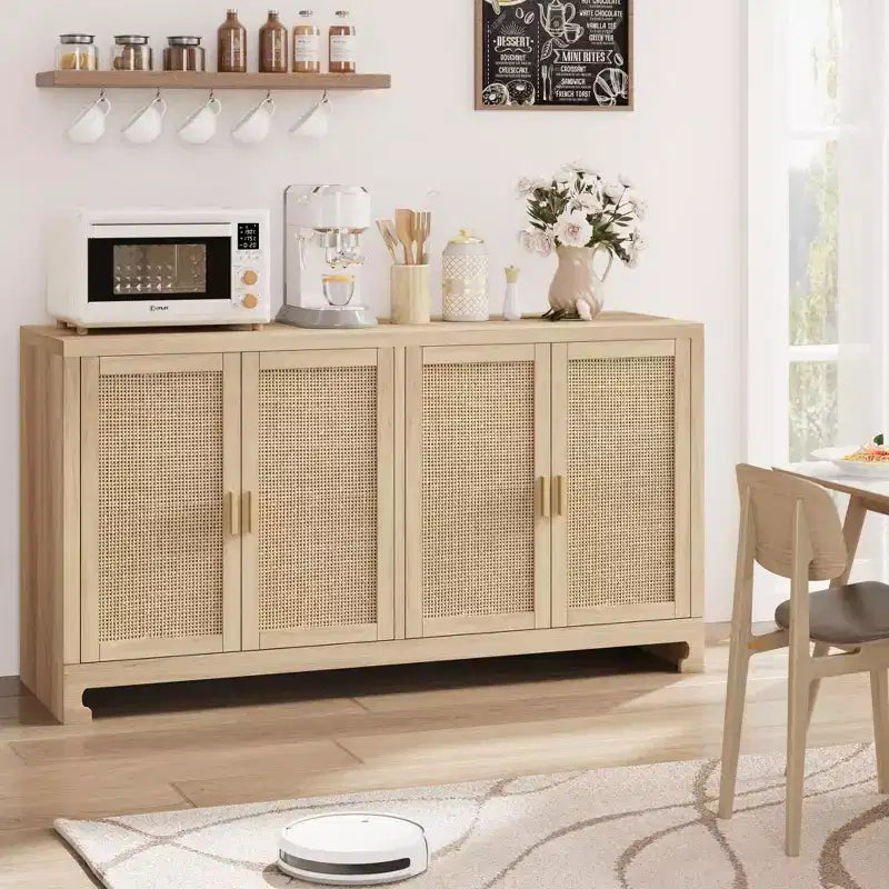Buffet de rangement 4 portes en rotin tissé, avec étagère, Console de bar à café pour cuisine, salle à manger et salon, 91 cm de hauteur