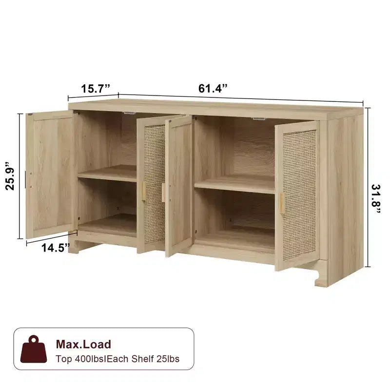 Buffet de rangement 4 portes en rotin tissé, avec étagère, Console de bar à café pour cuisine, salle à manger et salon, 91 cm de hauteur
