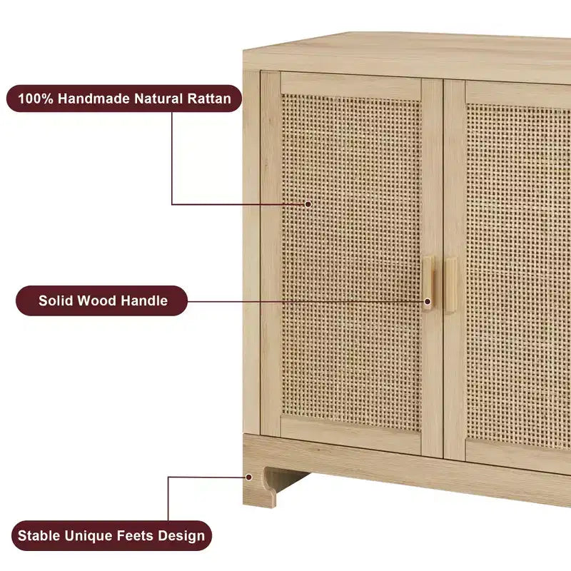 Buffet de rangement 4 portes en rotin tissé, avec étagère, Console de bar à café pour cuisine, salle à manger et salon, 91 cm de hauteur