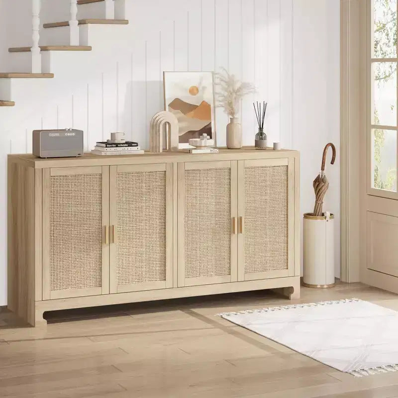 Buffet de rangement 4 portes en rotin tissé, avec étagère, Console de bar à café pour cuisine, salle à manger et salon, 91 cm de hauteur