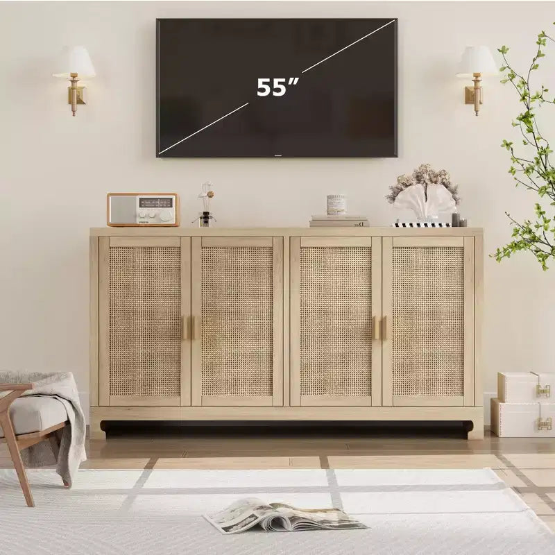 Buffet de rangement 4 portes en rotin tissé, avec étagère, Console de bar à café pour cuisine, salle à manger et salon, 91 cm de hauteur